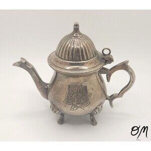 Vintage Moroccan Silver-plated Brass Floral 4.5" Teapot with Feet
